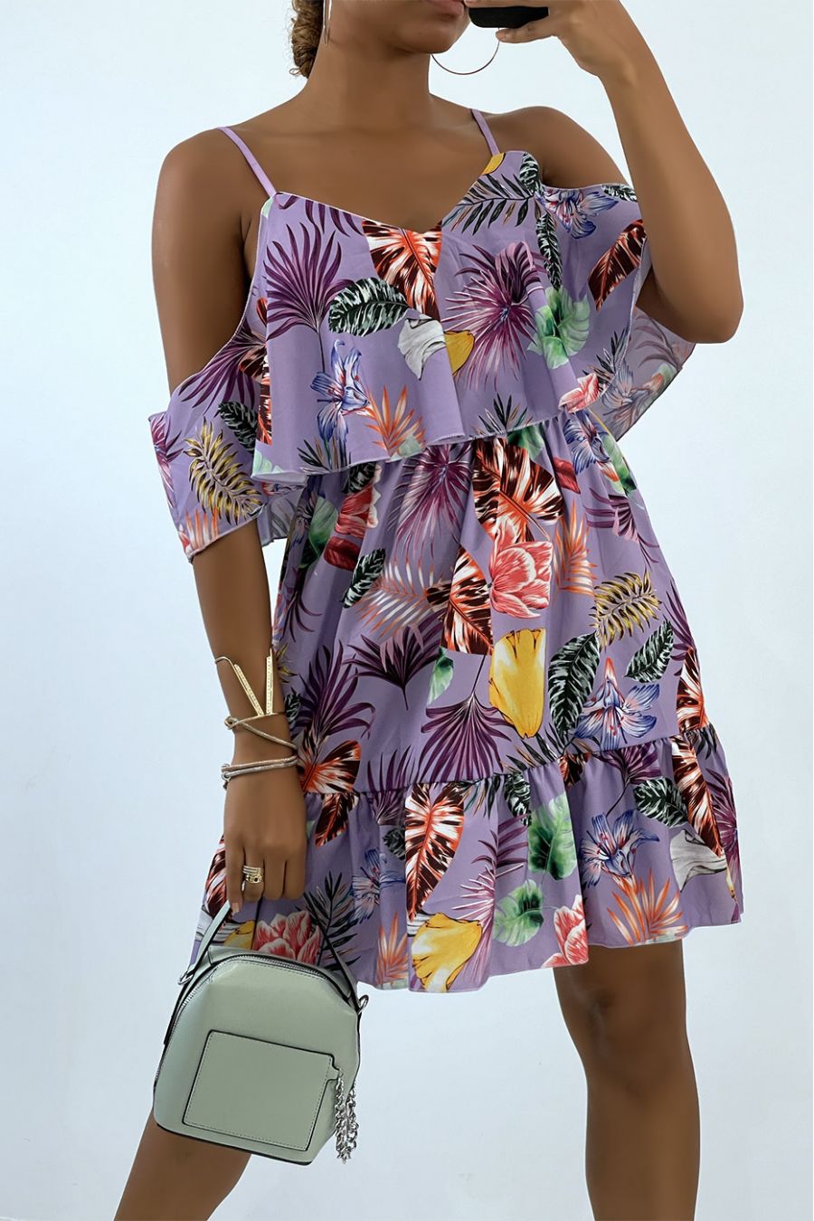 Robe fluide lila à épaules tombantes et imprimé tropical   - 2