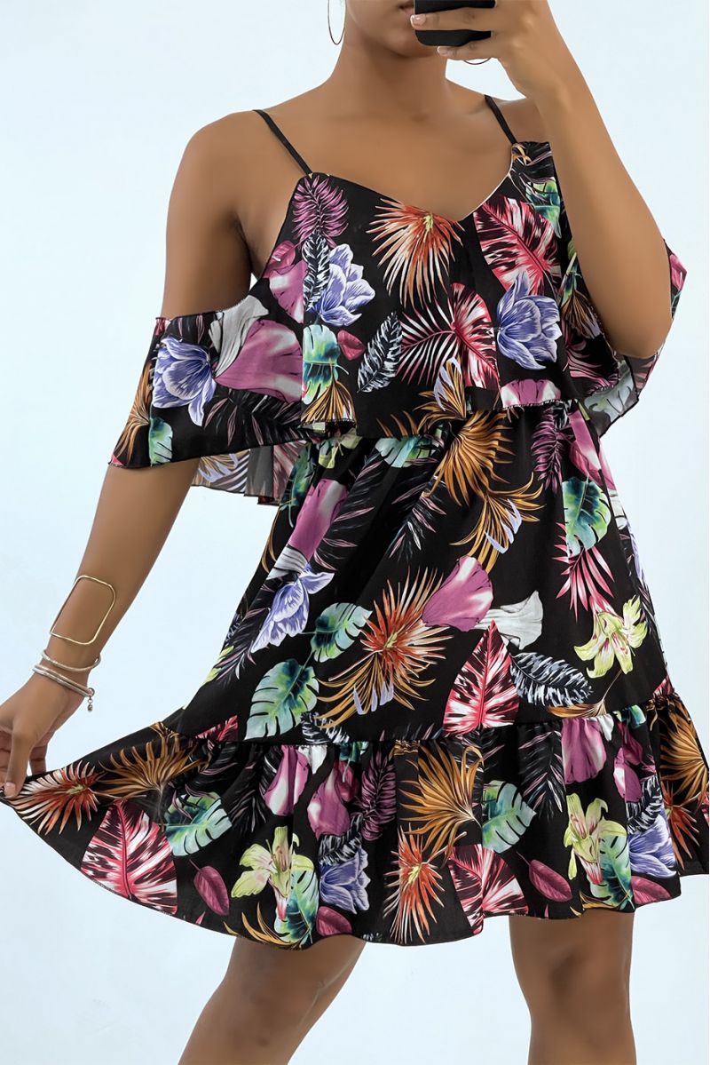 Flowing black dress with dropped shoulders and tropical print   - 2