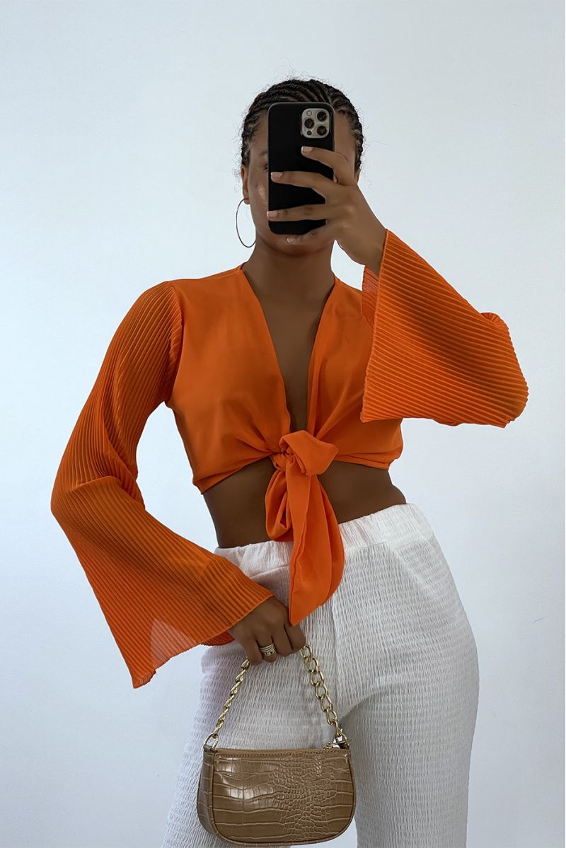 Orange crop top to tie with long pleated sleeves - 1 Orange crop top to tie with long pleated sleeves - 1