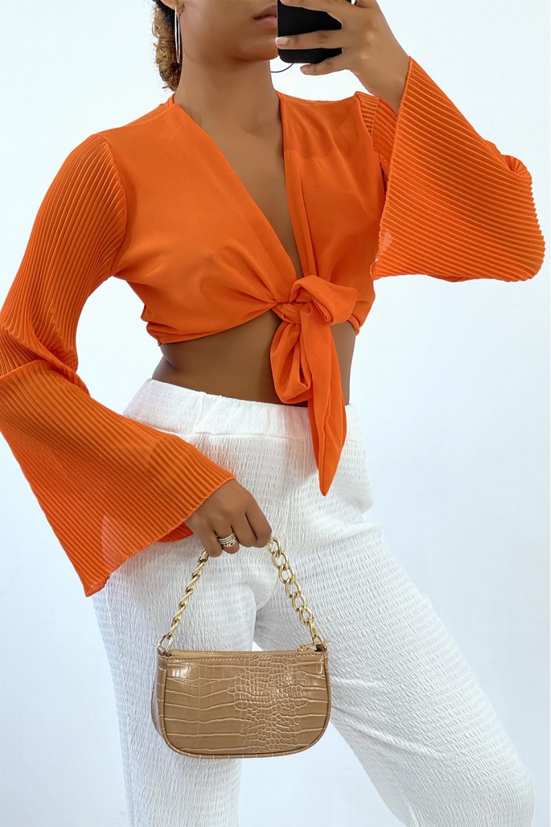 Oranje crop top om te strikken met lange geplooide mouwen - 2 Oranje crop top om te strikken met lange geplooide mouwen - 2