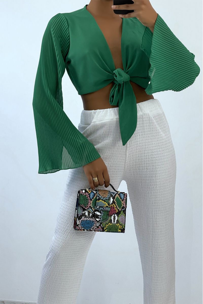 Green crop top to tie with long pleated sleeves - 1