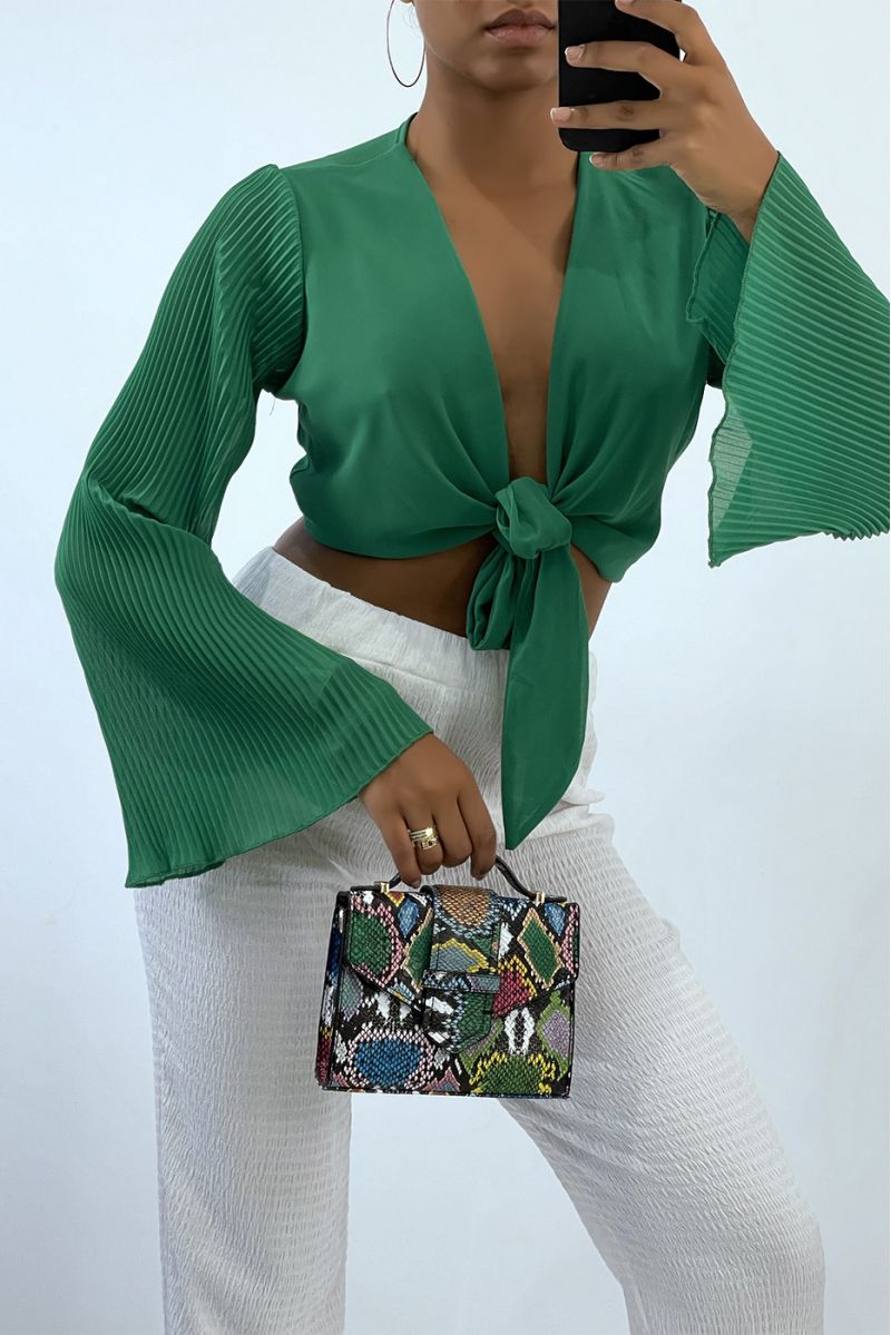 Green crop top to tie with long pleated sleeves - 2
