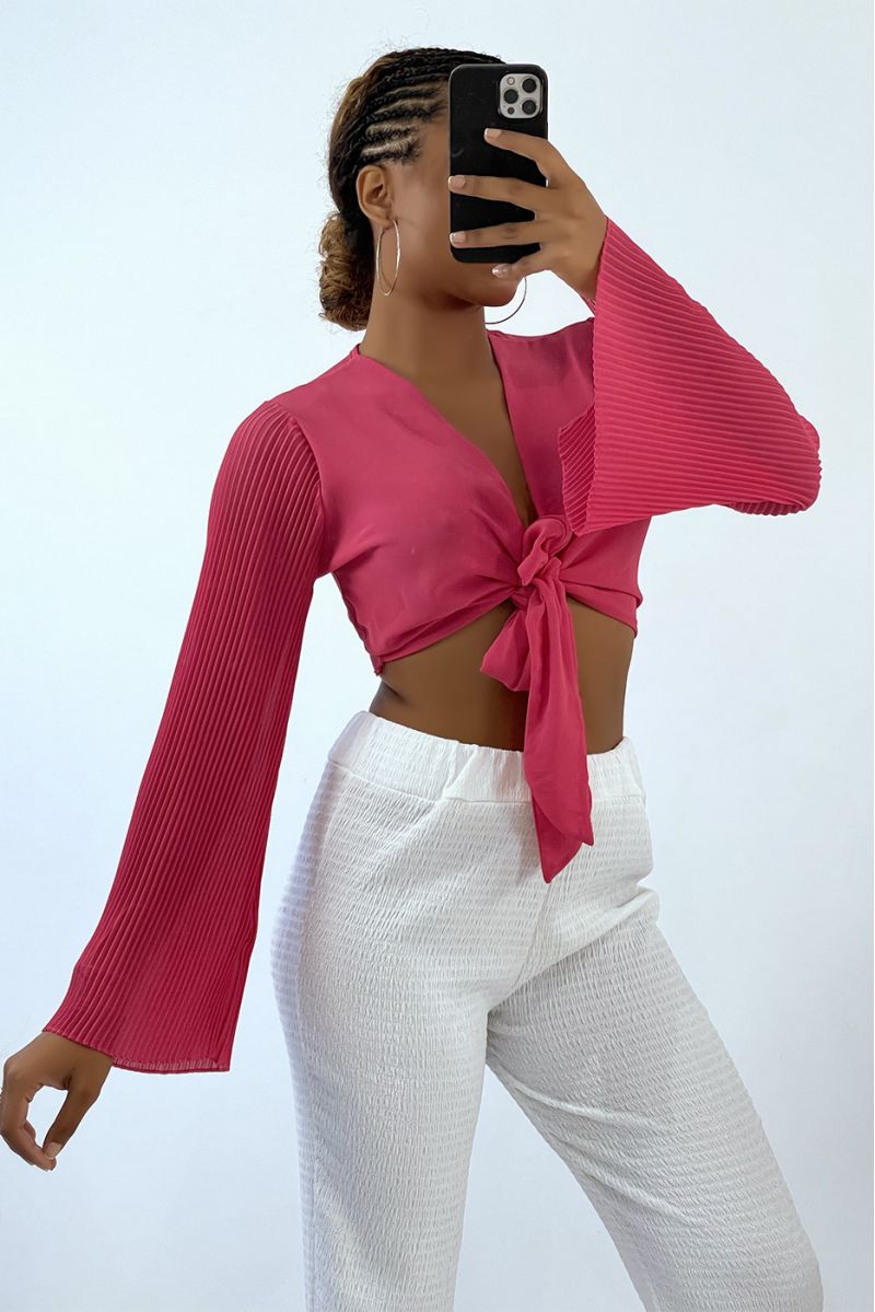 Fuchsia tie crop top with long pleated sleeves   - 1