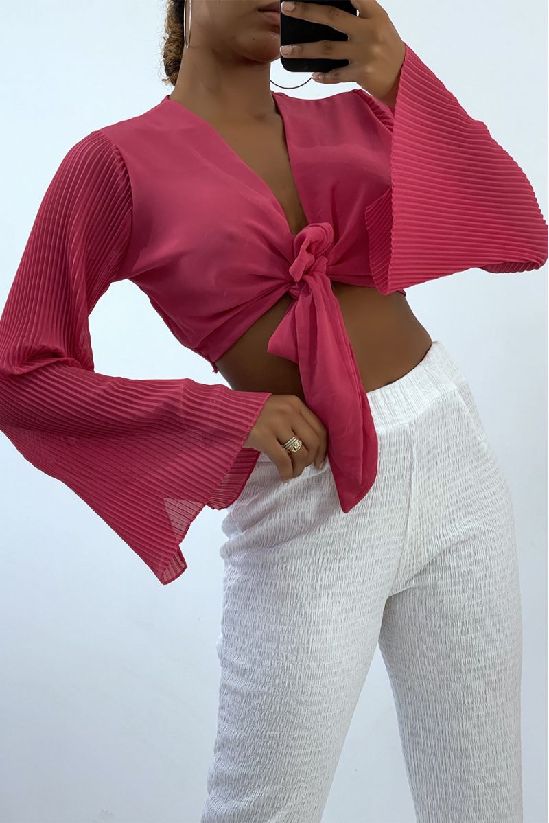 Fuchsia tie crop top with long pleated sleeves   - 2
