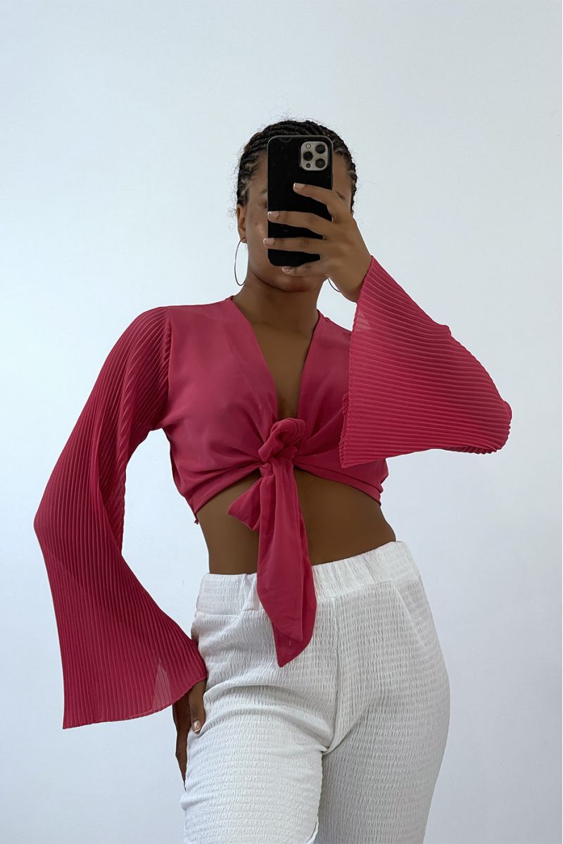 Fuchsia tie crop top with long pleated sleeves   - 3