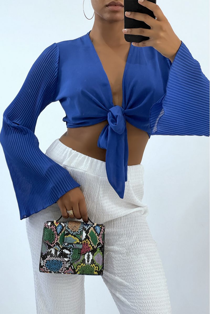 Royal tie crop top with long pleated sleeves   - 1