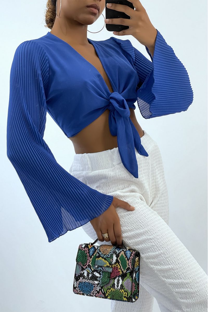 Royal tie crop top with long pleated sleeves   - 2