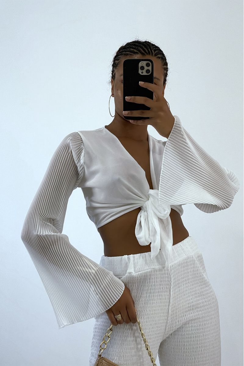 White crop top to tie with long pleated sleeves   - 1