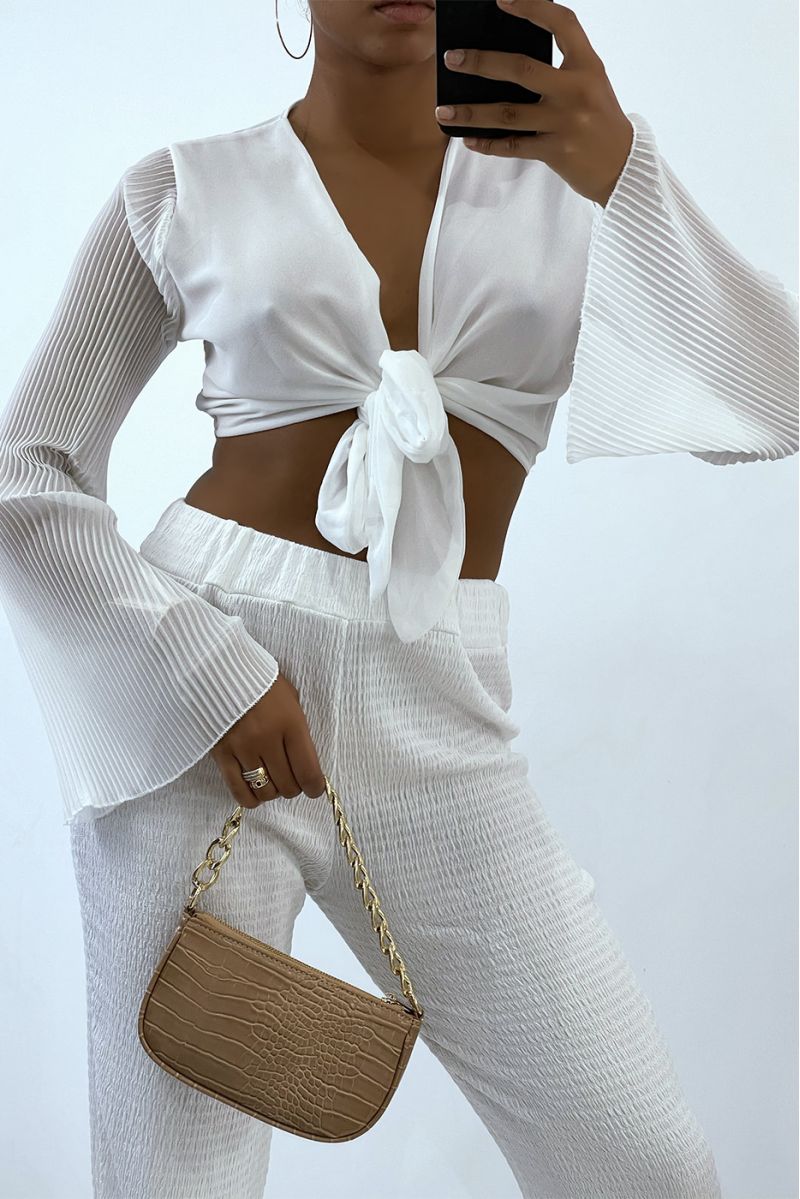 White crop top to tie with long pleated sleeves   - 2