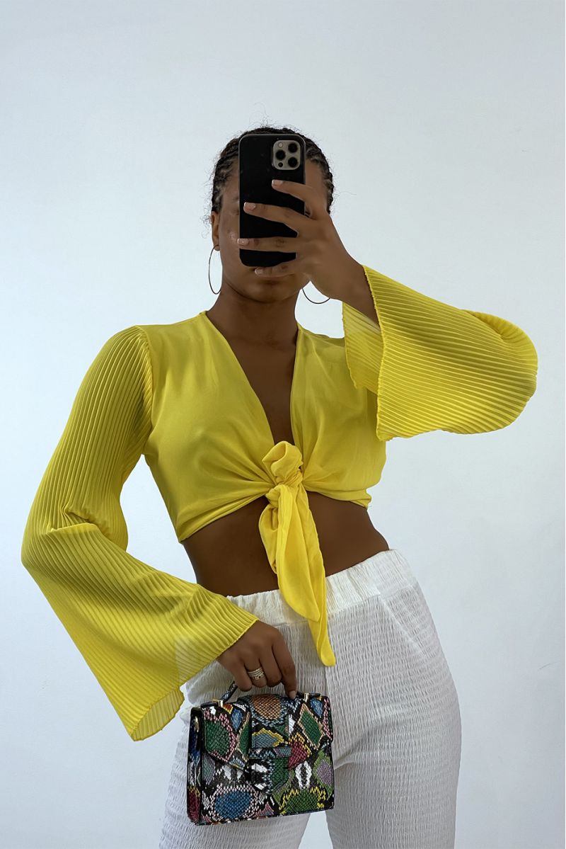 Yellow crop top to tie with long pleated sleeves   - 1
