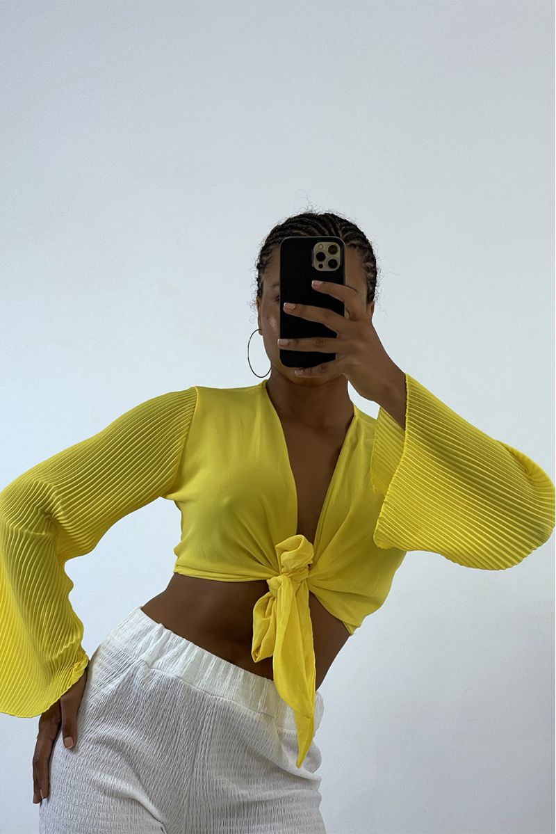 Yellow crop top to tie with long pleated sleeves   - 2