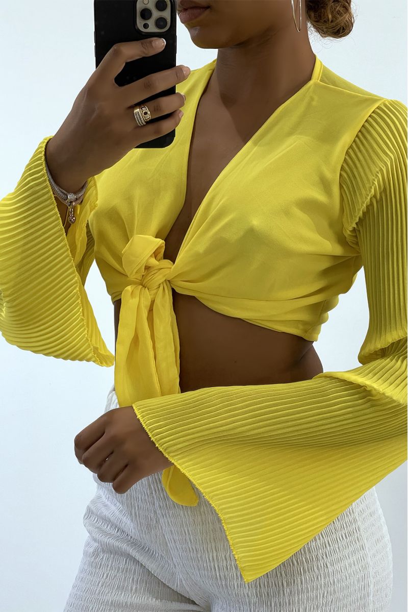Yellow crop top to tie with long pleated sleeves   - 4