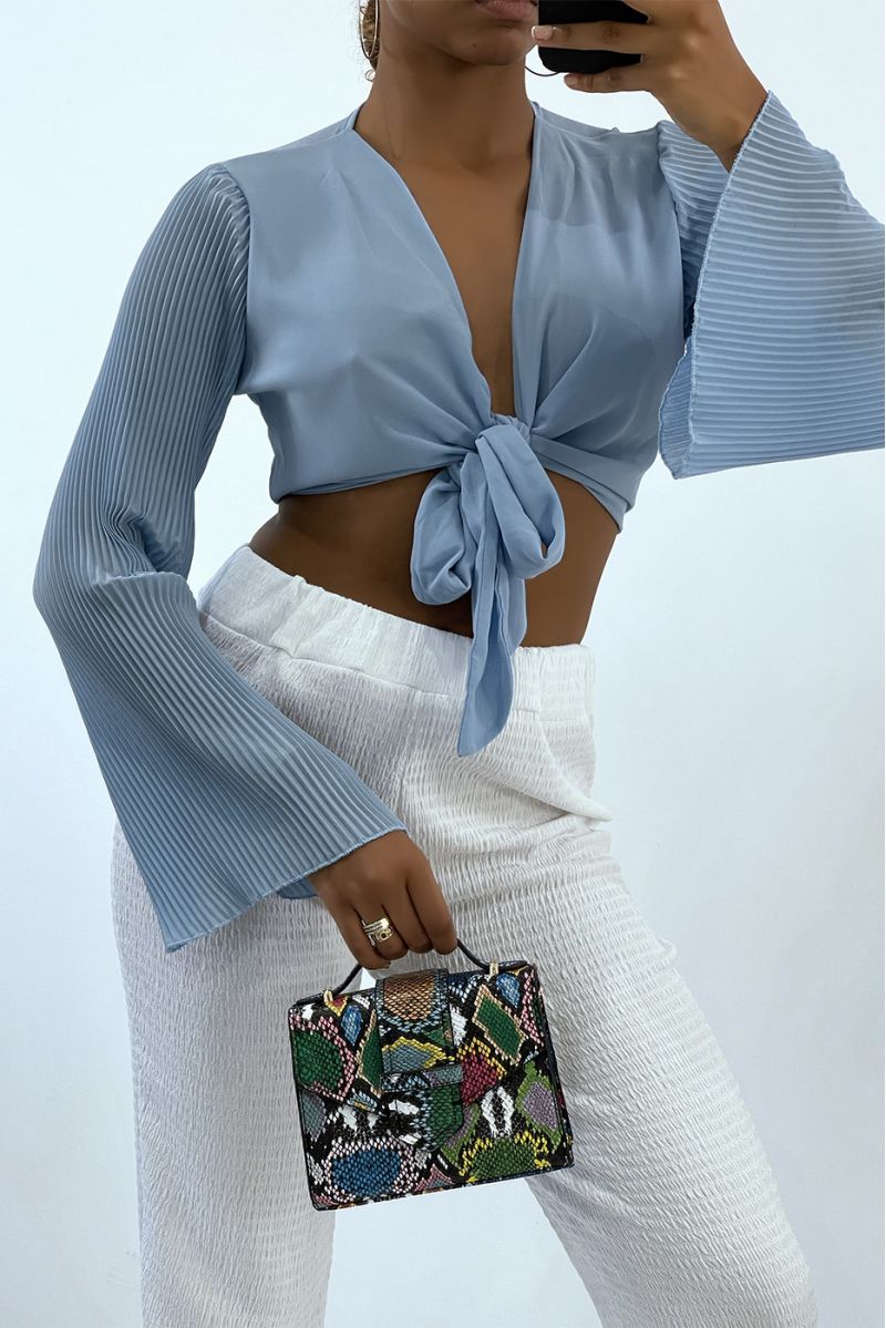 Sky blue crop top to tie with long pleated sleeves   - 2