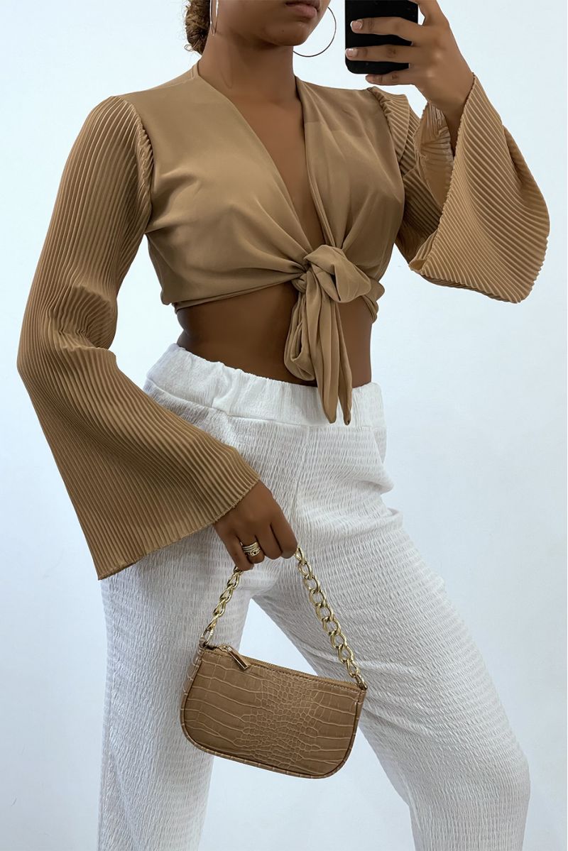 Camel crop top to tie with long pleated sleeves   - 1