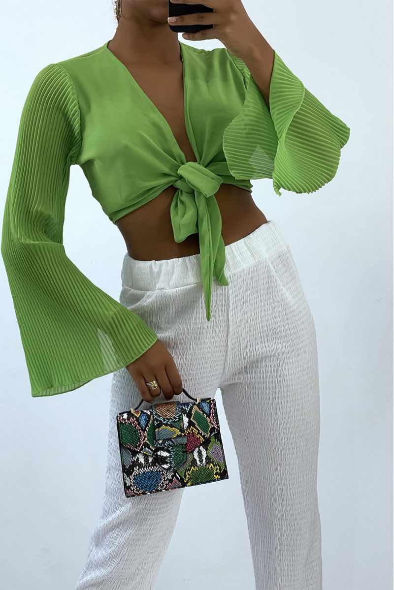 Neon green crop top to tie with long pleated sleeves - 1
