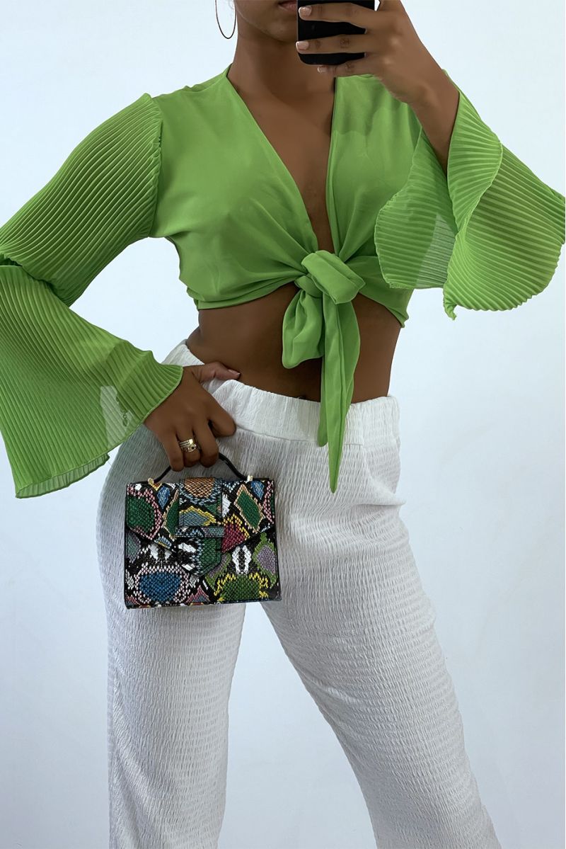 Neon green crop top to tie with long pleated sleeves - 2