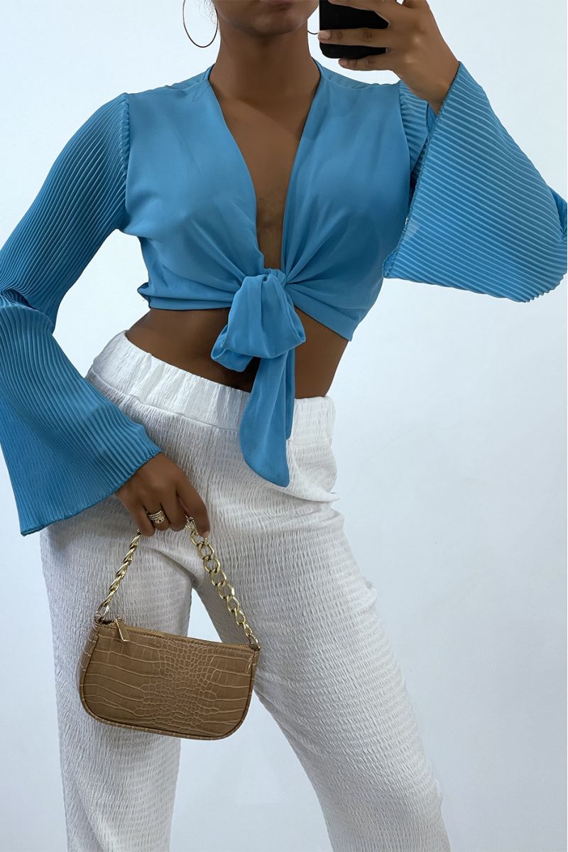 Teal blue crop top to tie with long pleated sleeves   - 1