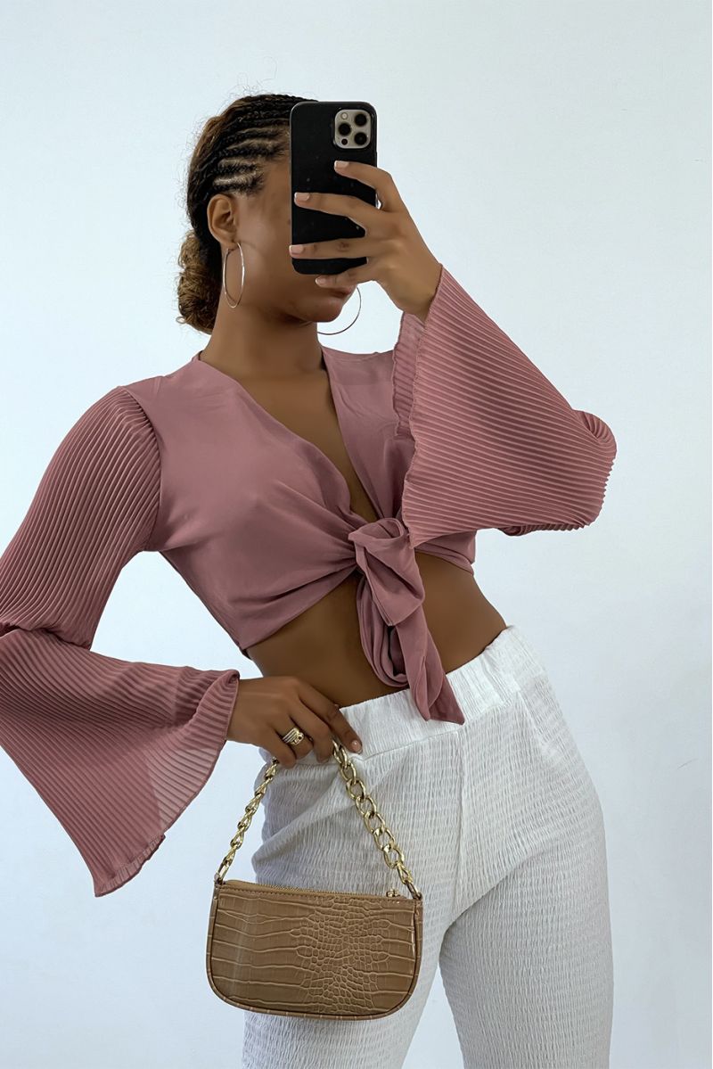 Old rose crop top to tie with long pleated sleeves   - 1
