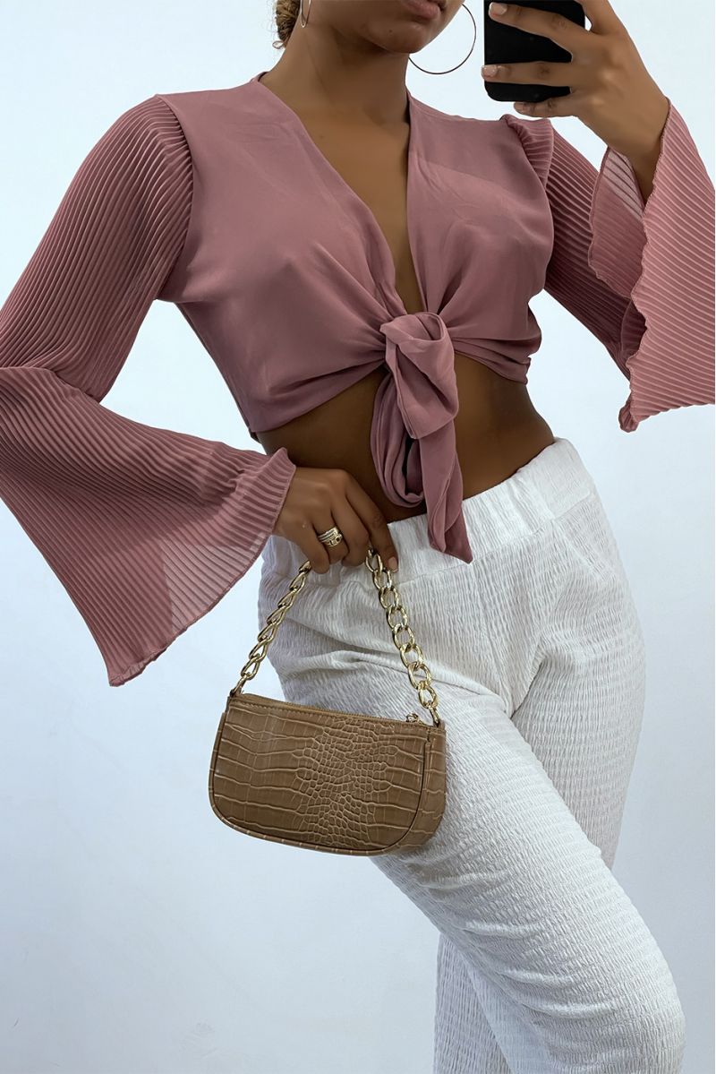 Old rose crop top to tie with long pleated sleeves   - 2