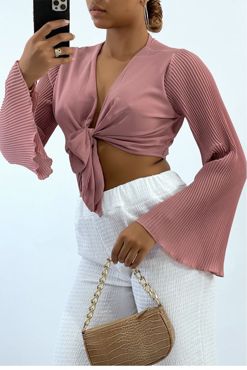 Old rose crop top to tie with long pleated sleeves   - 4