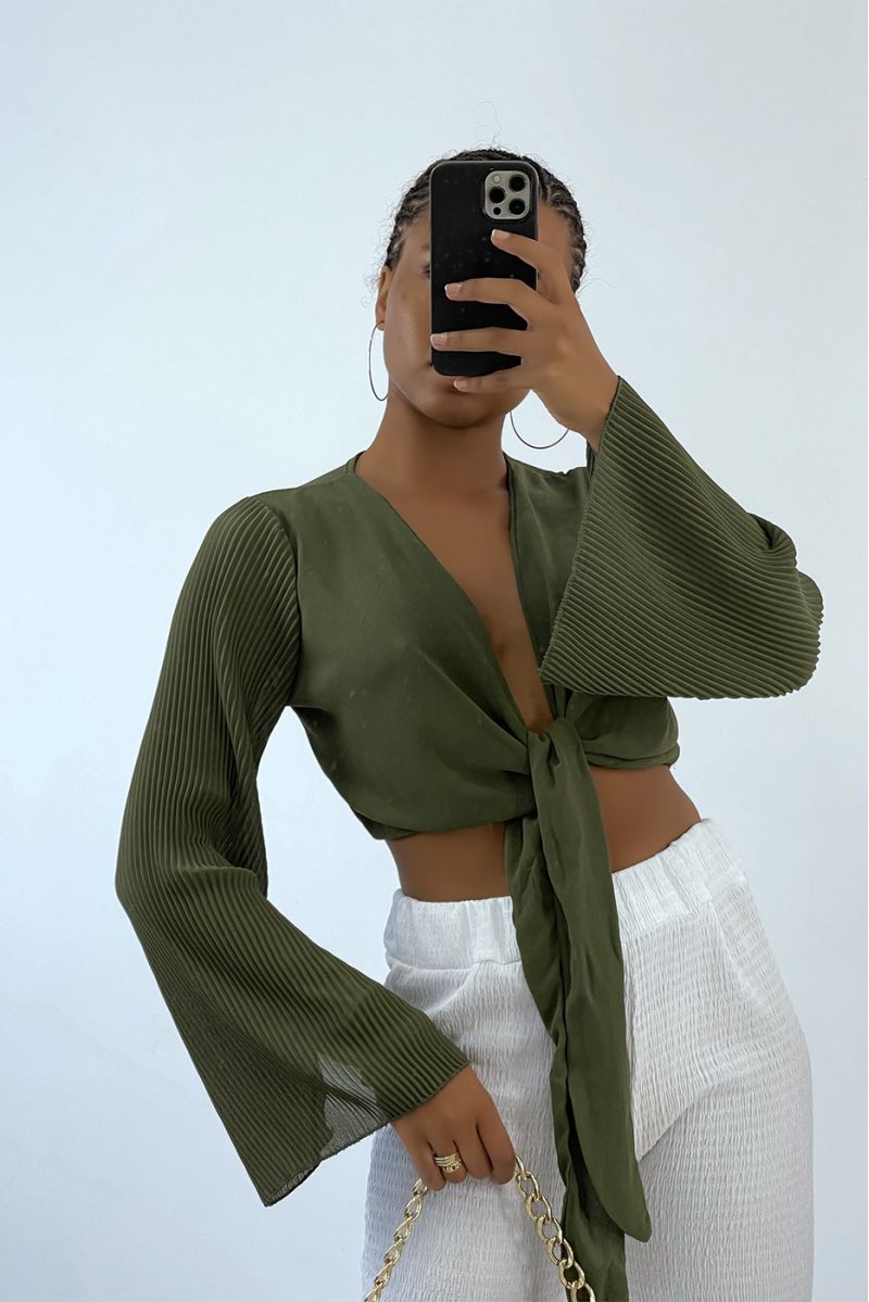 Khaki crop top to tie with long pleated sleeves   - 1