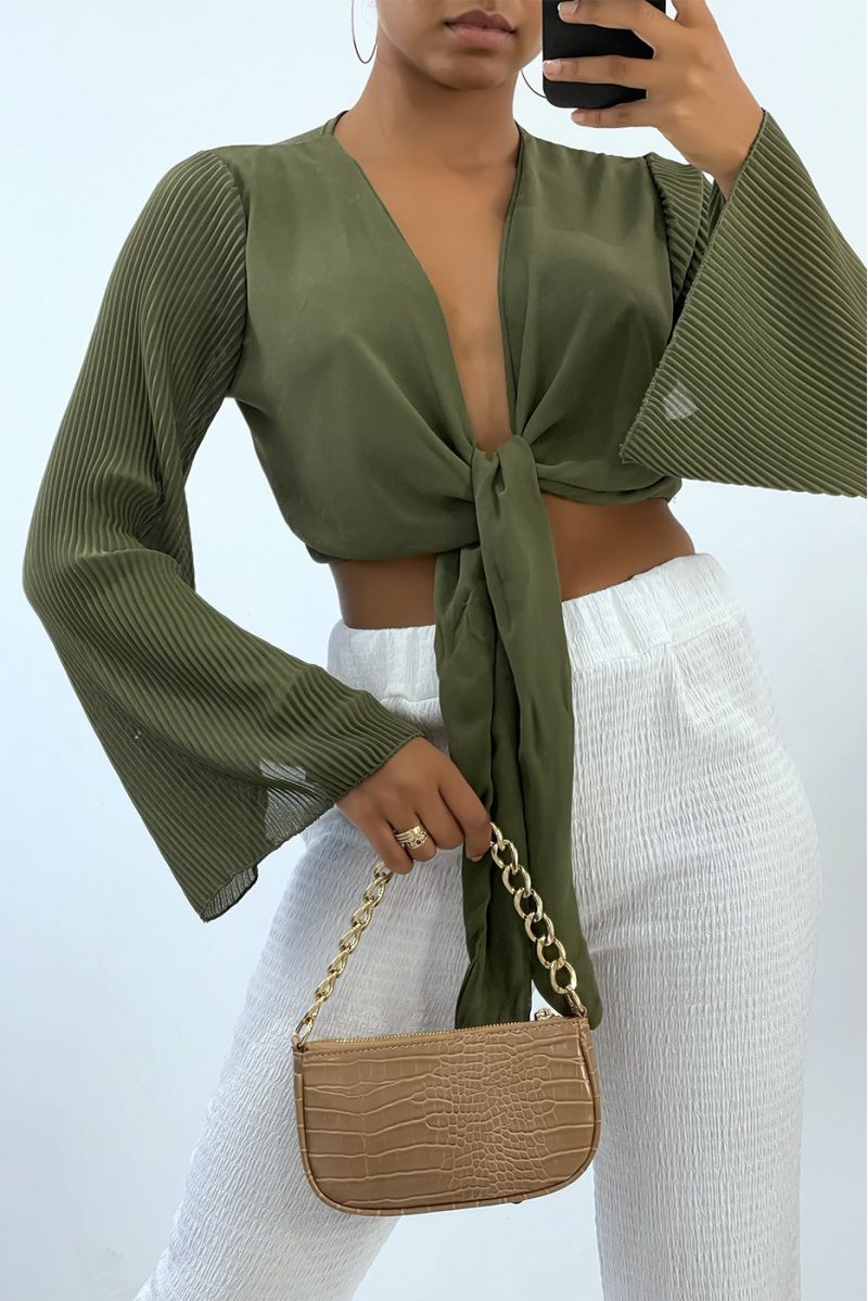 Khaki crop top to tie with long pleated sleeves   - 2