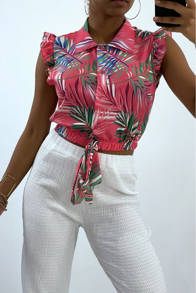Fuchsia crop top shirt with tropical pattern - 2