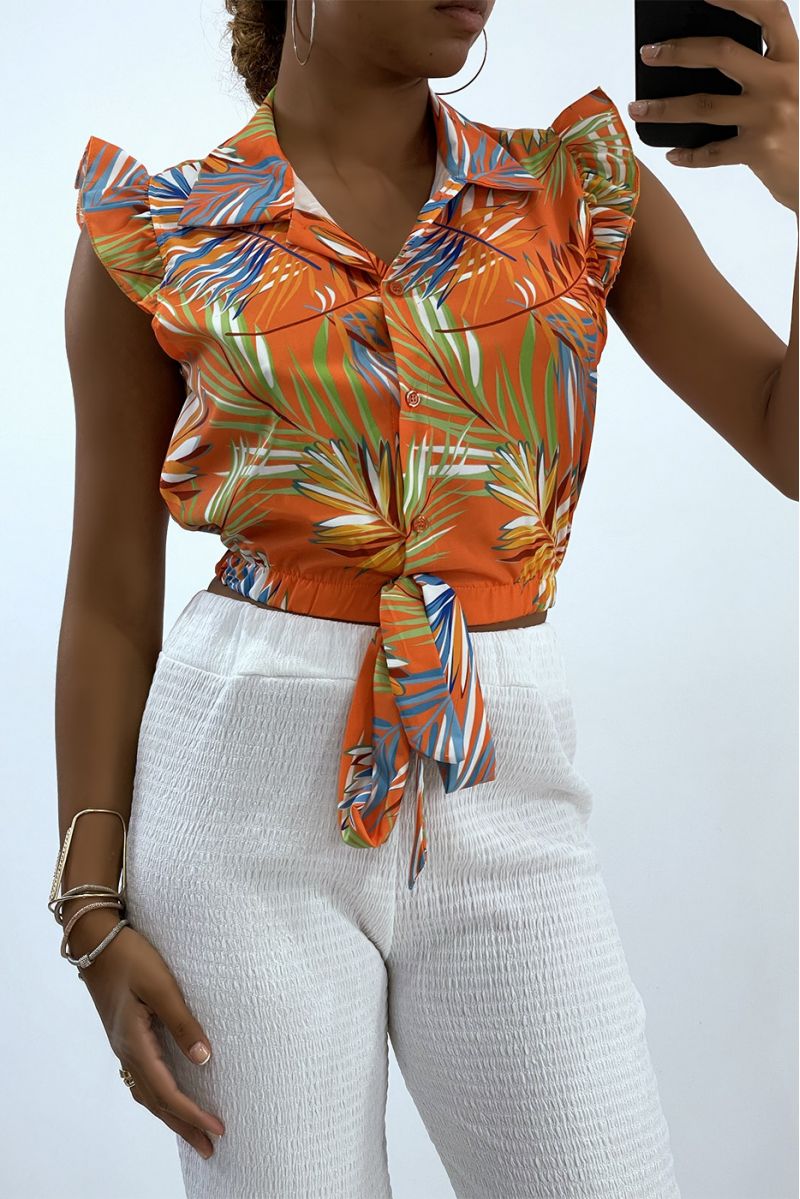 Orange crop top shirt with tropical pattern - 1
