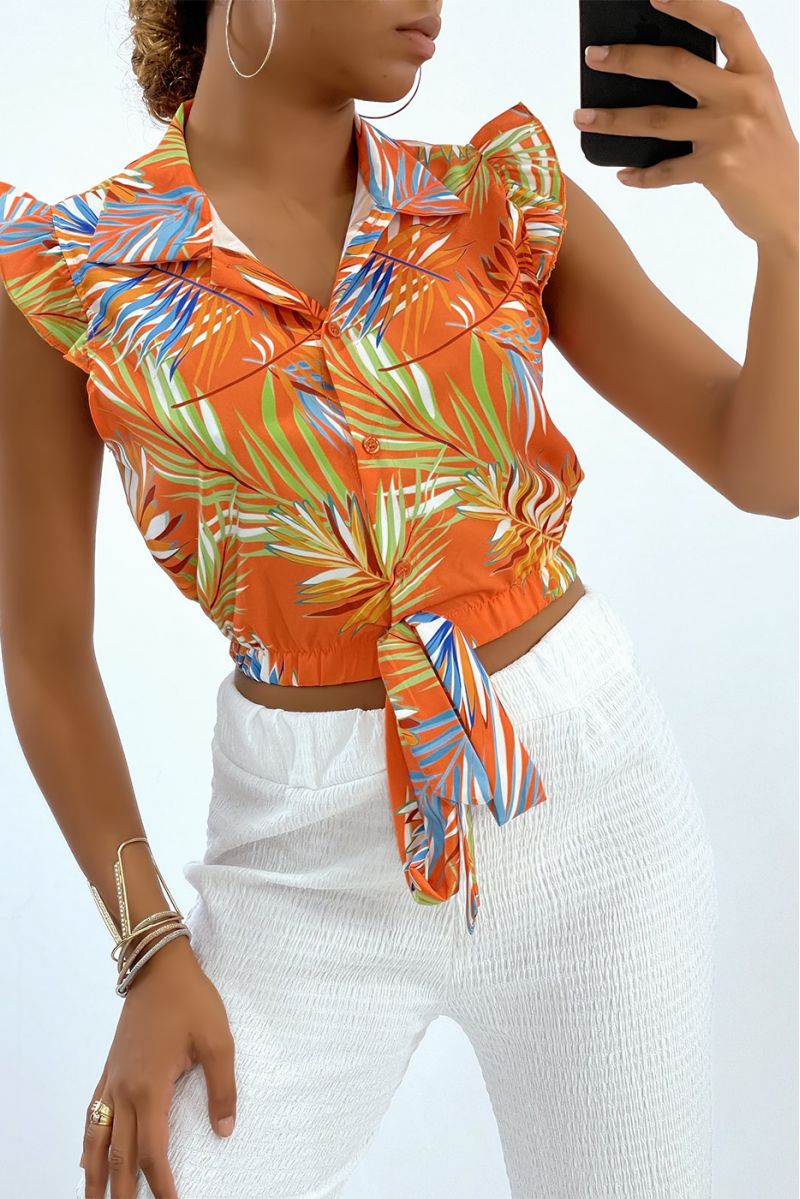 Orange crop top shirt with tropical pattern - 2