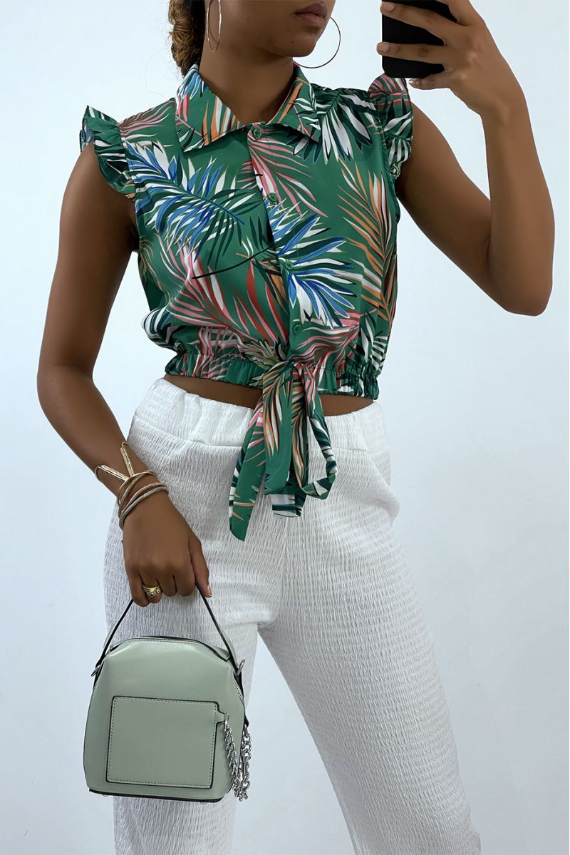 Green crop top shirt with tropical pattern - 1