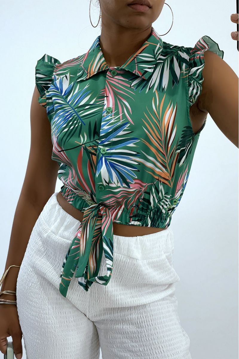Green crop top shirt with tropical pattern - 2