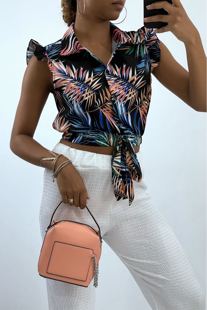 Black crop top shirt with tropical pattern - 1