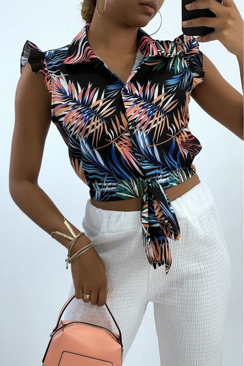 Black crop top shirt with tropical pattern - 2