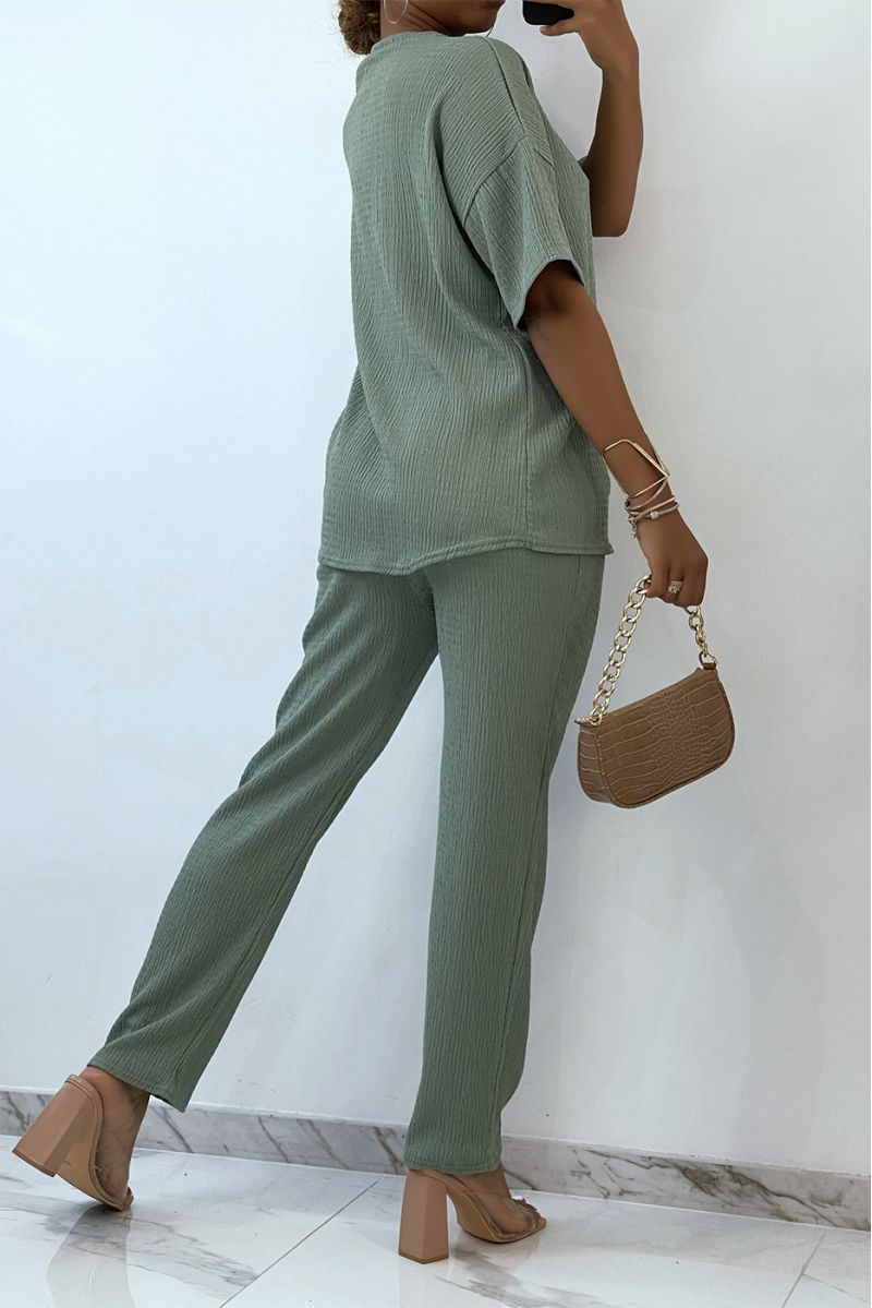 Light and comfortable water green set with round neck Tshirt and wide pants   - 4