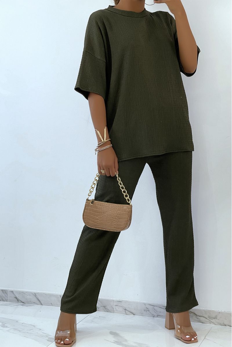 Light and comfortable khaki set with round neck Tshirt and wide pants   - 1