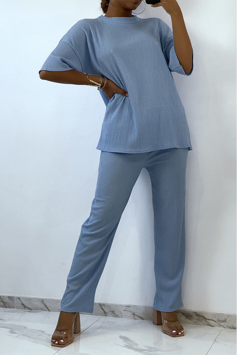Light and comfortable sky blue set with round neck T-shirt and wide pants   - 1