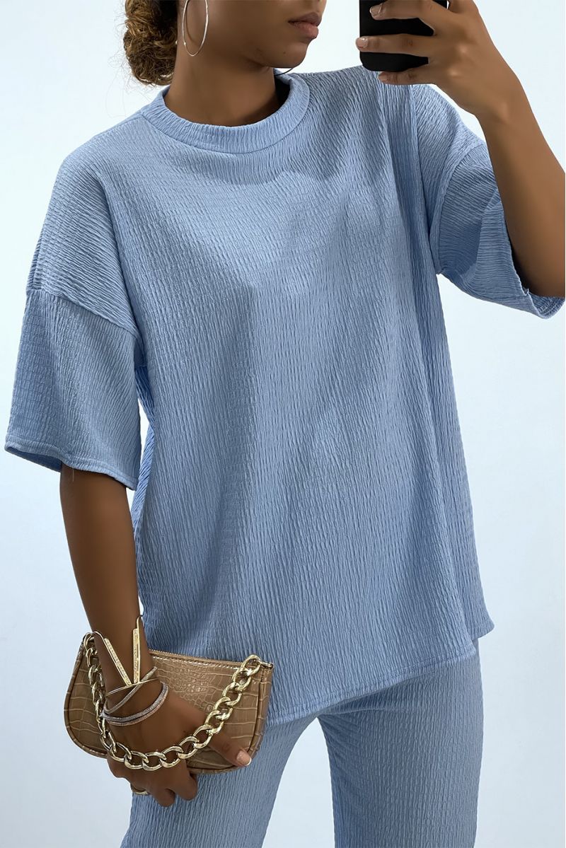 Light and comfortable sky blue set with round neck T-shirt and wide pants   - 3