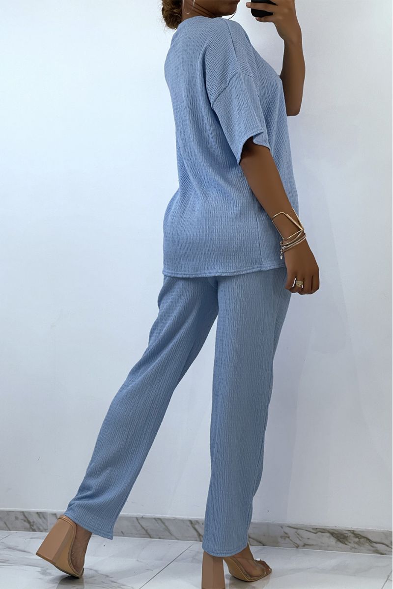 Light and comfortable sky blue set with round neck T-shirt and wide pants   - 4