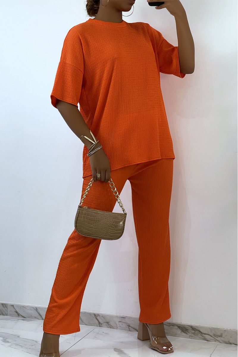 Light and comfortable orange set with round neck Tshirt and wide pants   - 1