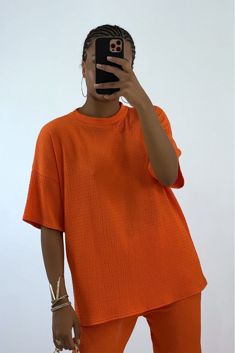 Light and comfortable orange set with round neck Tshirt and wide pants   - 2