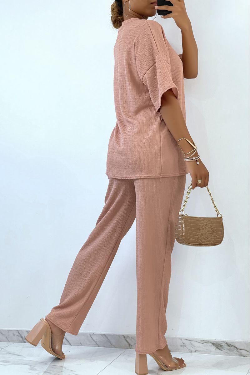 Light and comfortable old pink set with round neck Tshirt and wide pants   - 4