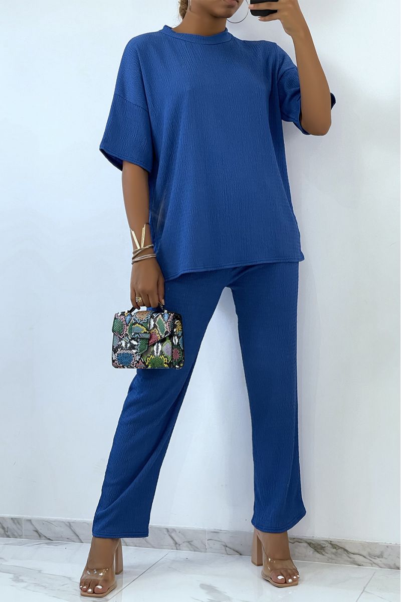 Light and comfortable royal blue set with round neck Tshirt and wide pants   - 1