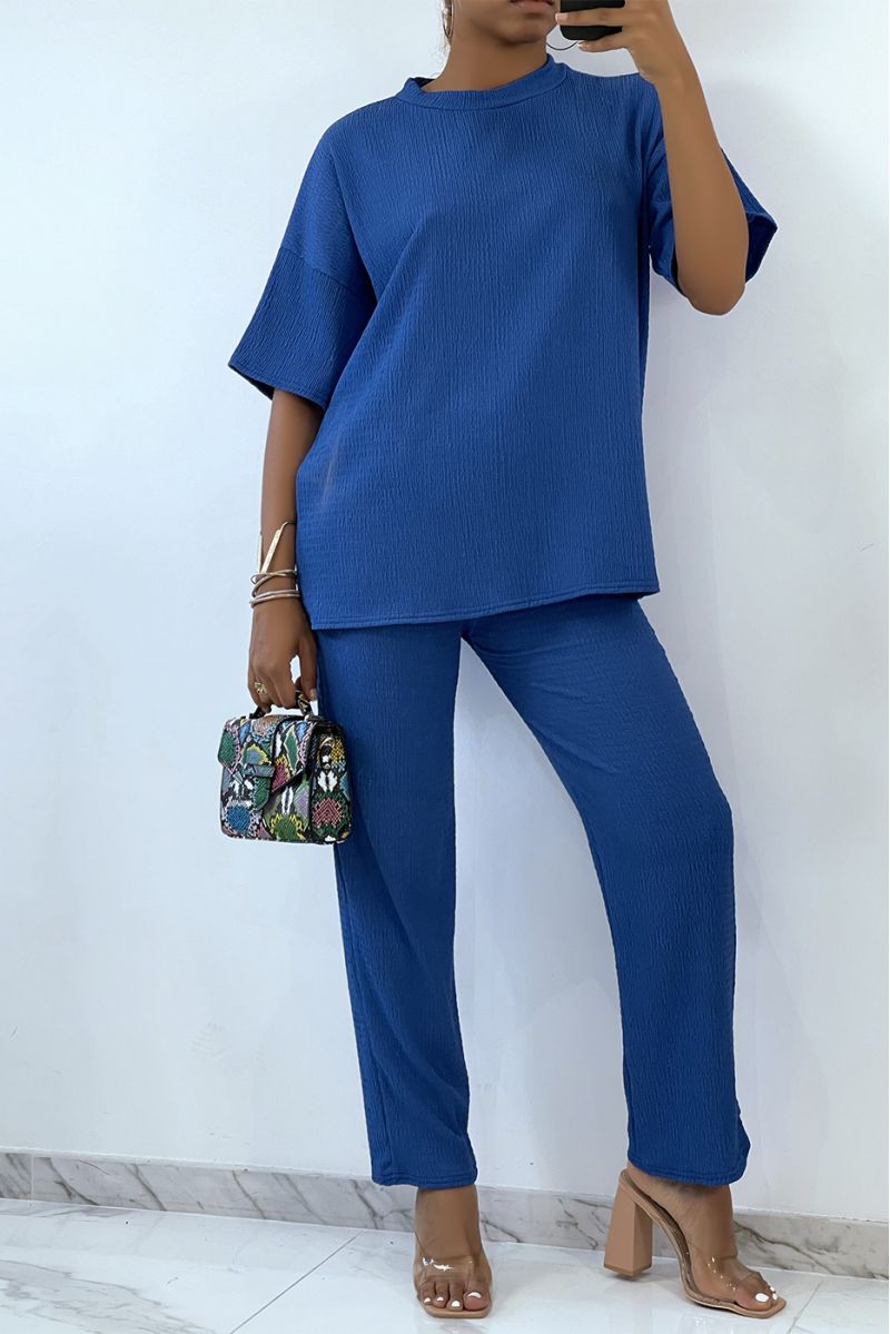 Light and comfortable royal blue set with round neck Tshirt and wide pants   - 2