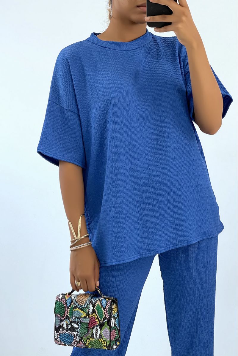 Light and comfortable royal blue set with round neck Tshirt and wide pants   - 3