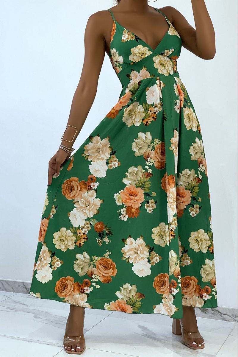 Lange groene jurk met bloemen en driehoekige halslijn  - 1