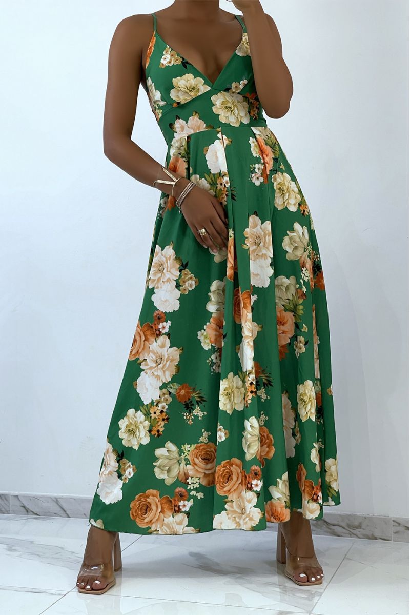 Long green dress with flowers and triangle neckline  - 2