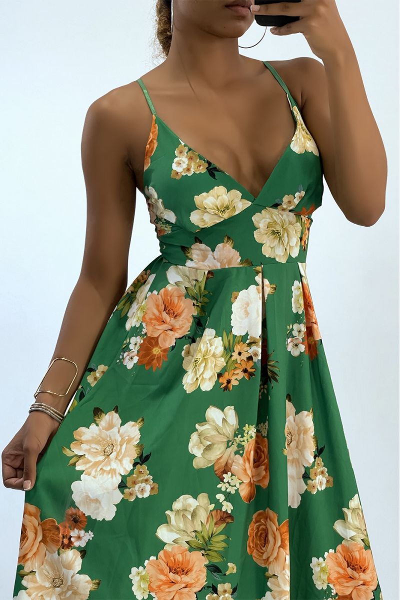 Lange groene jurk met bloemen en driehoekige halslijn  - 3