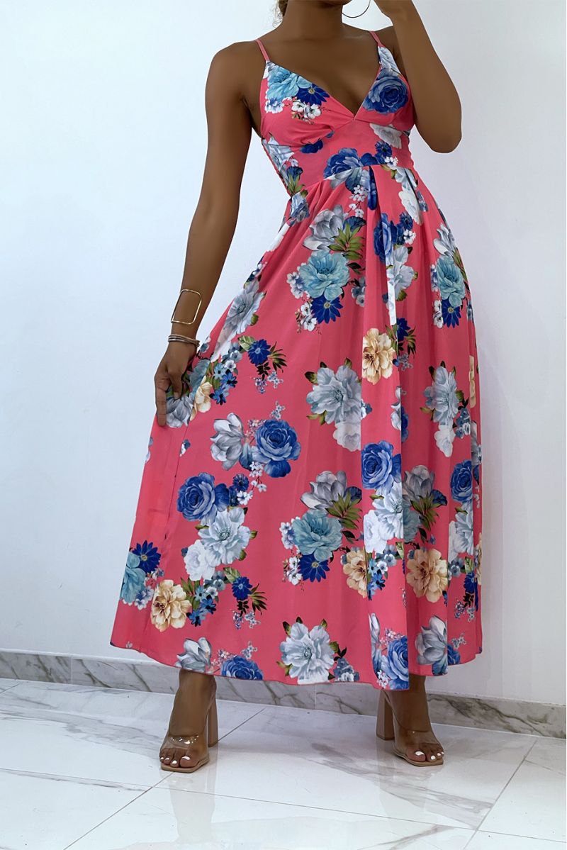 Fuchsia long dress with flowers and triangle neckline  - 1