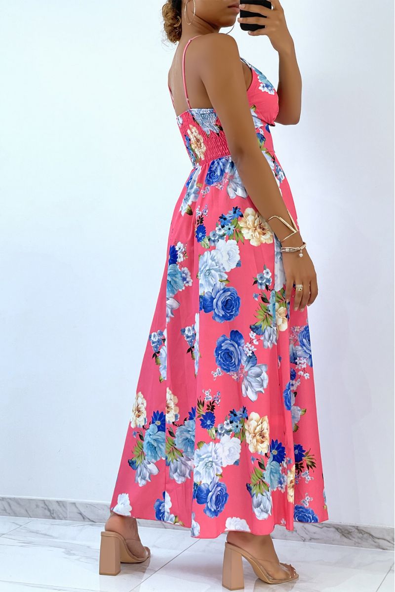 Fuchsia long dress with flowers and triangle neckline  - 3