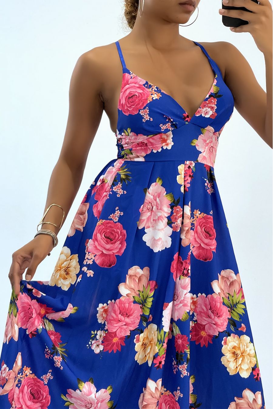 Robe longue royal à fleurs et décolleté triangle  - 3